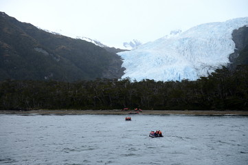 Disembarkation of tourists from the cruise ship to the Aguila glacier in southern Patagonia.