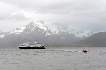 Disembarkation of tourists from the cruise ship to the Aguila glacier in southern Patagonia.