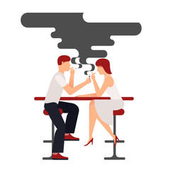 Two people smoking, vector illustration plane isolate on white background smokers man and woman sitting at the table, a lot of black smoke over the pair, a date in a bar in the smoking compartment