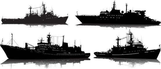 Vector set of four silhouettes of the military ship on a white background