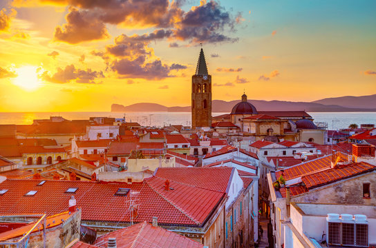 A sunset over Alghero city, Sardinia