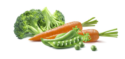 Carrot broccoli peas isolated on white background as baby food package design element
