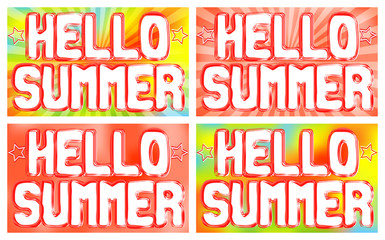 Hello Summer words on the poster. Bright background with radiating rays. Vector illustration