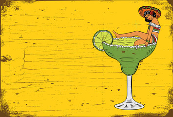 Vintage Margarita Bar Sign, Illustration of Mexican woman in a margarita glass