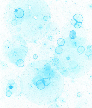 Abstract Watercolor Blue Stain Background With Blue Soap Round Bubbles And Splash. Many Macro Blue Circles And Dots. Blue Soapy Bubbles. Background For Cleaning Service. Wash, Washing.