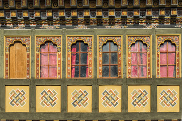 Painting and wood work windows at Tashi Cho Dzong, Thimphu, Bhutan