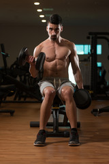 Fototapeta na wymiar Man In The Gym Exercising Biceps With Dumbbell