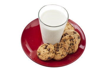 chocolate chips cookies and glass of milk in red plate