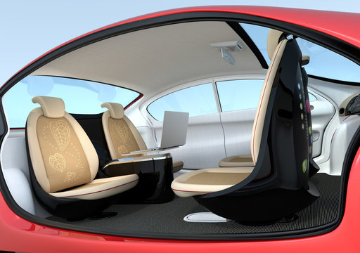 Self-driving car interior concept. Front seats could turn backward. Help to improve communication. 3D rendering image with clipping path.