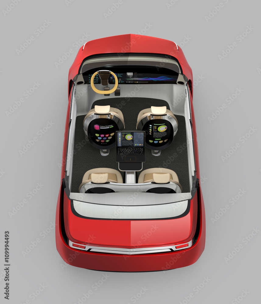 Aufkleber rear view of self-driving car cutaway image. front seats in driving mode and backrest monitor showin