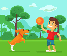 Boy playing with cute dog. Vector flat cartoon illustration