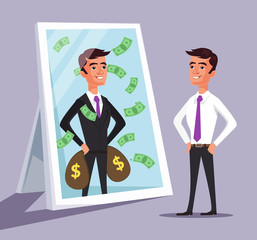 Business man see himself being successful. Vector flat cartoon illustration