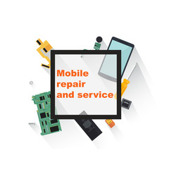 Mobile repair and service concept. Smartphone with tools and spare parts.Top view. Flat design concepts for web banners, web sites, printed materials, infographics. Creative vector illustration
