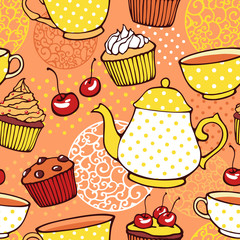 Tea and muffins sweet seamless pattern