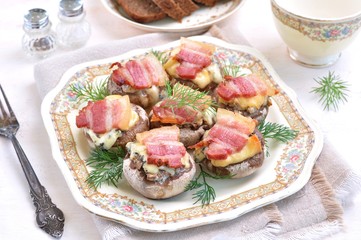 Mushrooms baked with blue cheese and bacon