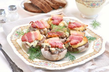 Mushrooms baked with blue cheese and bacon