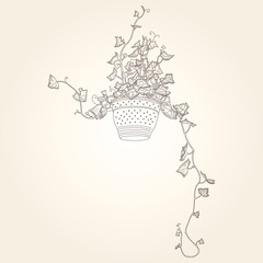 Drawing of green ivy in flowerpot. Abstract vector