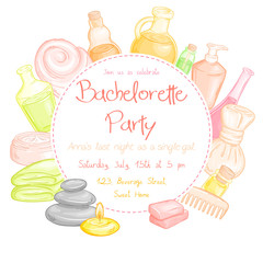 vector illustration of spa party invitation with round text place surrounded spa and massage accessories - towel, oil bottles, brushes, soap, stones and candle