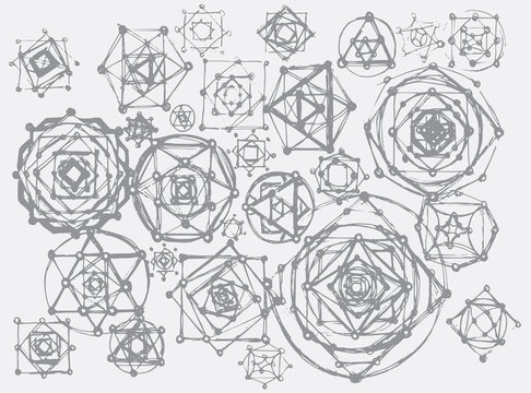 Sacred geometry symbols and elements background. Cosmic universe big bang alchemy religion philosophy astrology science physics chemistry and spirituality themes