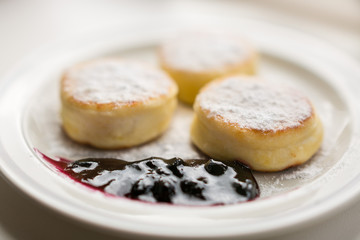 food photo. the cheesecakes strewed with icing sugar close up. 