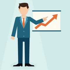 Flat design concept of businessman presenting development and financial planning on meeting conference.