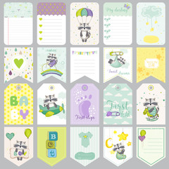 Baby Raccoon Tags. Baby Banners. Scrapbook Labels. Cute Cards
