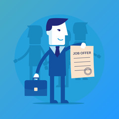 Manager, employee. A man in a suit holds a job offer