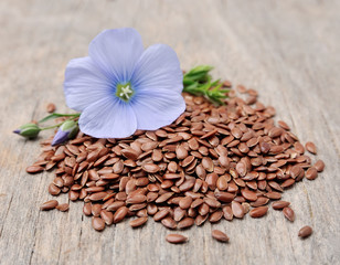 Flax seeds with flowers close up