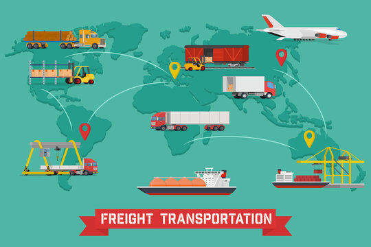 Freight Transport and Packaging Infographics in Flat style icons such as Truck, Plane, Train, Ship.