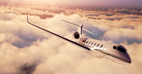 Realistic picture of White Luxury generic design private airplane flying over the earth. Empty sunset sky with huge white clouds  background. Business Travel Concept. Horizontal. 3d rendering