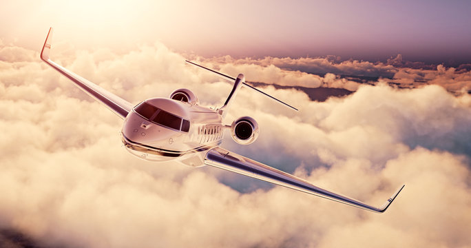Realistic photo of White Luxury generic design private airplane flying over the earth at sunset. Empty blue sky with huge white clouds  background. Business Travel Concept. Horizontal. 3d rendering