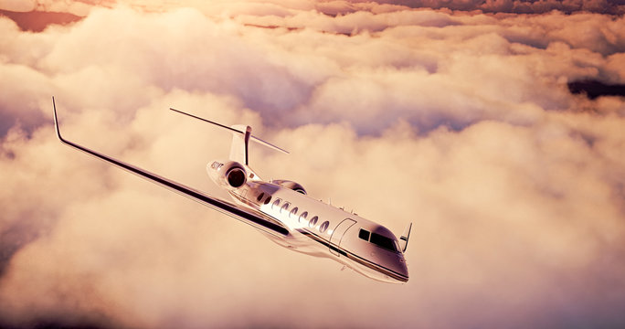 Realistic picture of White Luxury generic design private airplane flying over the earth.Empty sunset sky with abstract white clouds  background. Business Travel Concept. Horizontal. 3d rendering