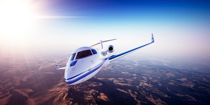 Realistic photo of White Luxury generic design private jet flying over the mountains. Empty blue sky with sun at background. Business Travel Concept. Horizontal. 3d rendering