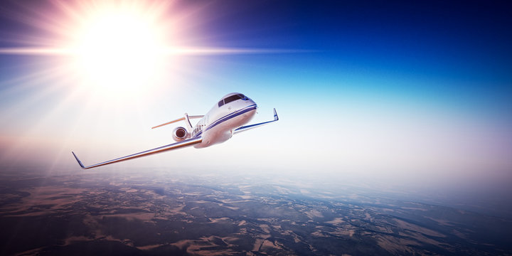 Realistic image of White Luxury generic design private jet flying over the mountains. Empty blue sky with sun at background. Business Travel Concept. Horizontal. 3d rendering