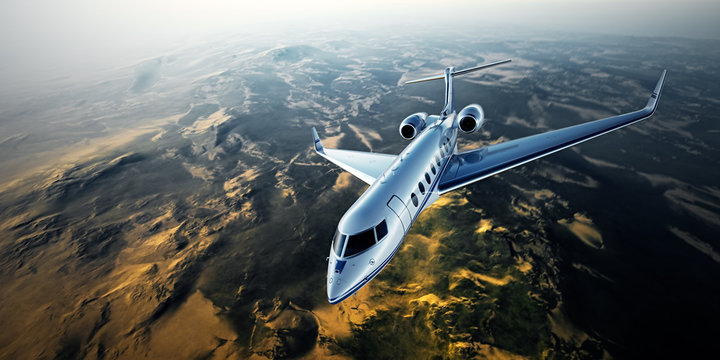 Realistic photo of silver generic design private jet flying over the mountains. Empty blue sky with sun at background. Business Travel by modern luxury aircraft. Horizontal. 3d rendering