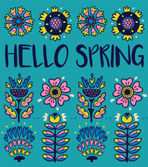 Hello spring greeting card with decorative flowers on blue background