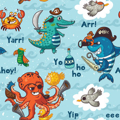 Seamless pattern with underwater pirates, crocodile, octopus, shark, crab