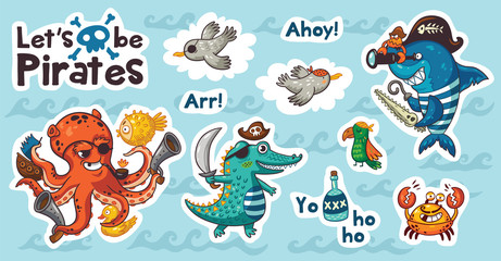 Sticker set of underwater pirates in cartoon style