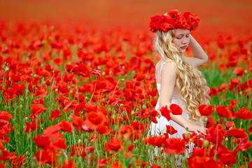 Naklejka premium Beautiful girl in a red flowers field 