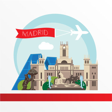 Madrid detailed silhouette. Trendy vector illustration, flat style. Stylish colorful  landmarks.
