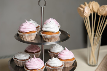Delicious sweet buffet with cupcakes. Sweet holiday buffet with