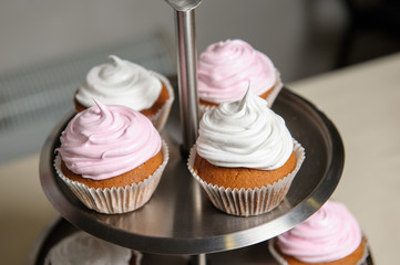 Delicious sweet buffet with cupcakes. Sweet holiday buffet with