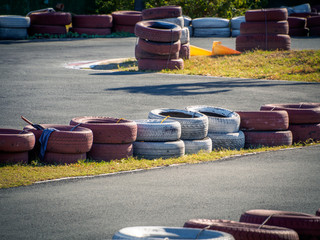 Safety barriers made of old wheels in oudoor carting and racetraks