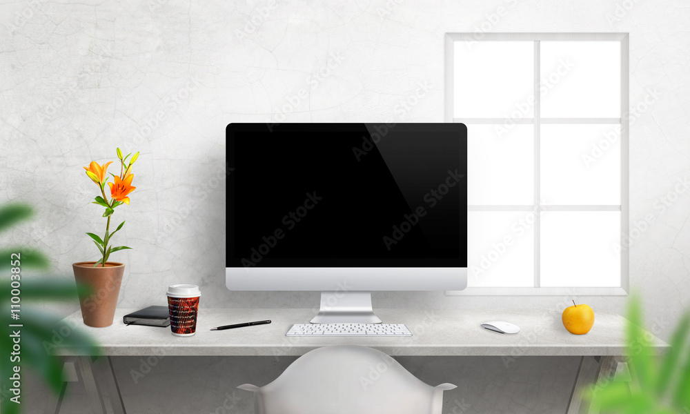 Aufkleber Computer with isolated screen for mockup on office desk.