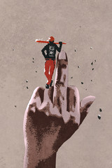 Fototapeta premium middle finger hand sign with bad guy holding wooden stick,illustration painting