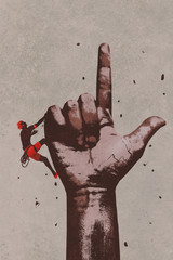 Fototapeta premium big hand in finger pointing up sign with climber,illustration painting