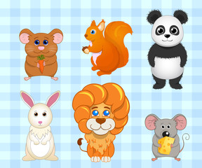 Set of animals. Bunny, lion, mouse, panda, hamster, squirrel. -