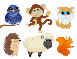 Set of animals. Owl, monkey, cat, hedgehog, sheep, squirrel .Cartoon animals set