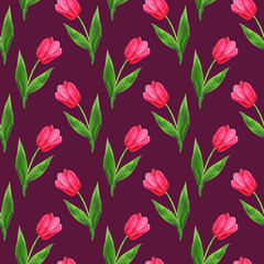 Obraz premium watercolor seamless tulips pattern purple background