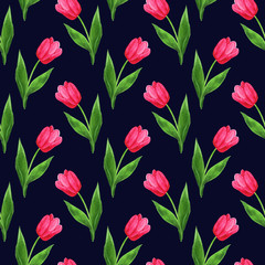 watercolor seamless tulips pattern dark blue background